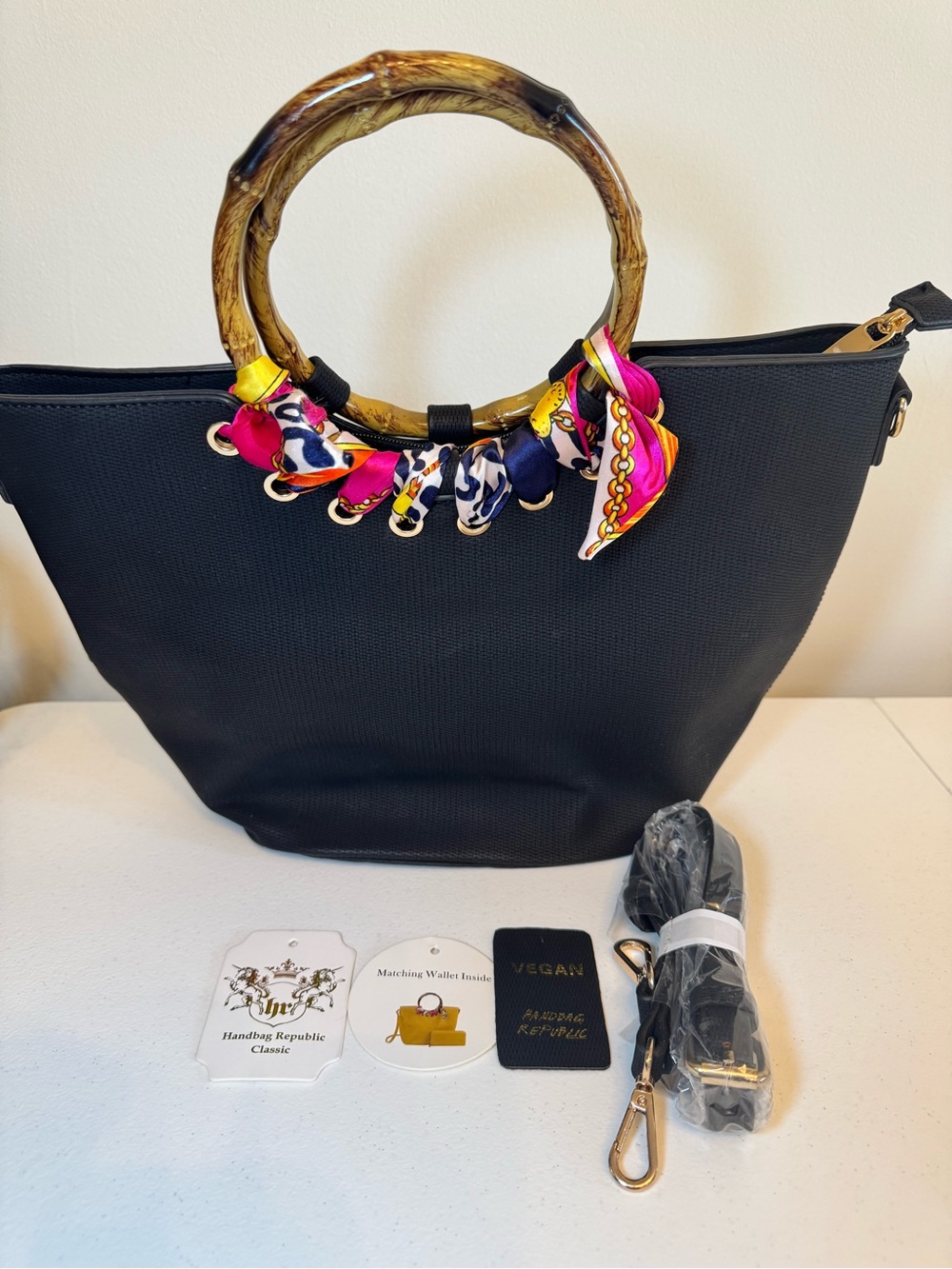 Vegan leather Black Tote with Bamboo Handles and Pink Scarf Detail